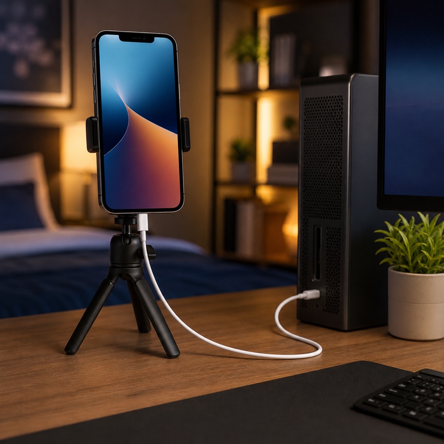 iPhone num tripé ligado por cabo ao computador