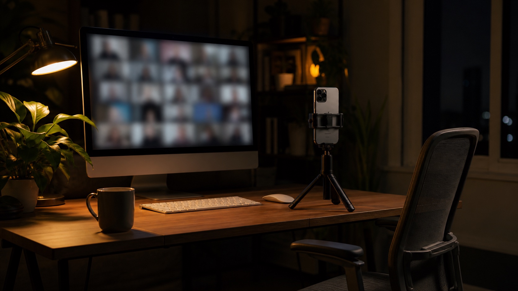 Mesa de trabalho à noite com um monitor em videochamada e um iPhone num tripé ao lado